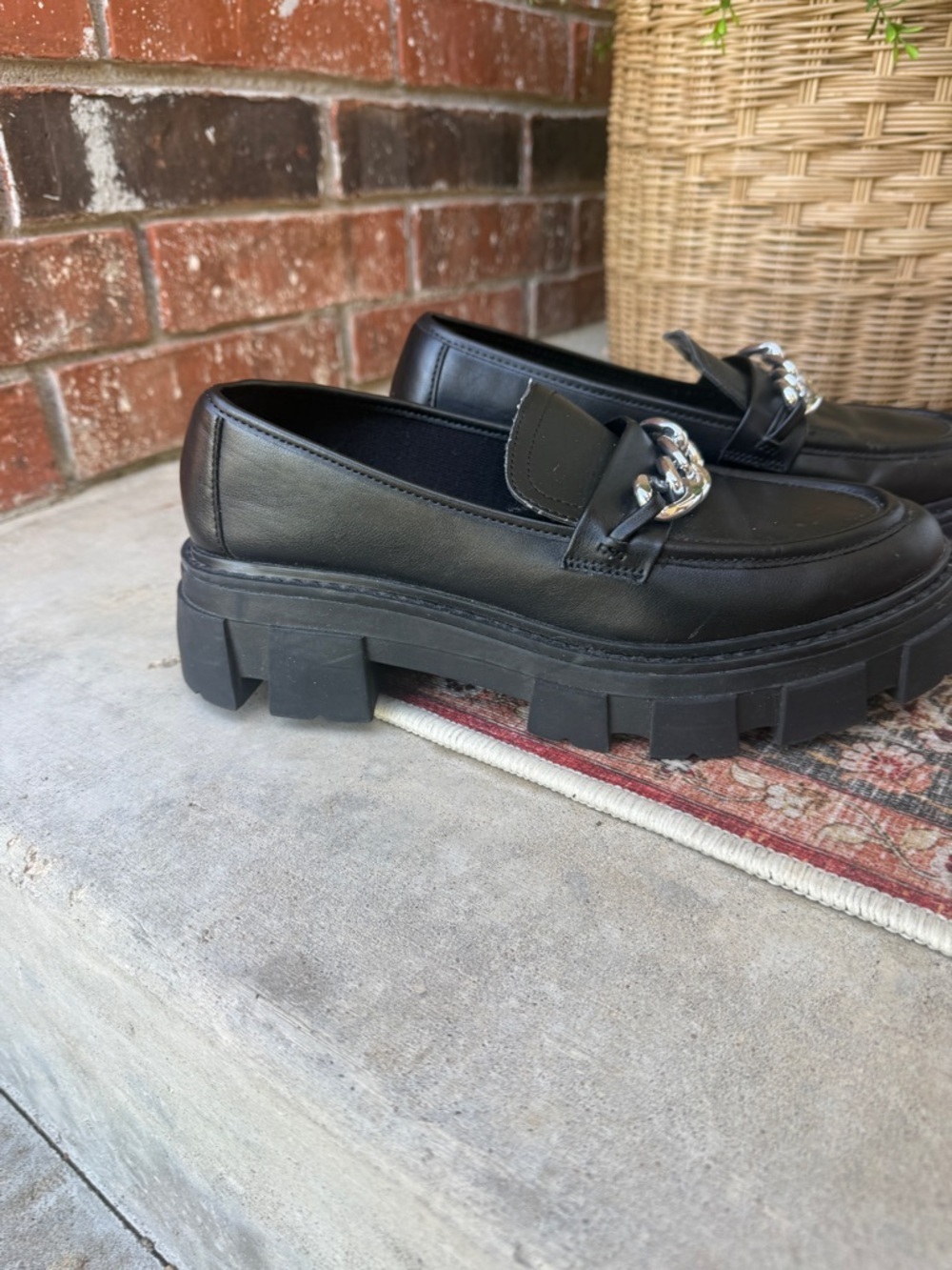 Chunky Black Silver Chain-Trim Loafers